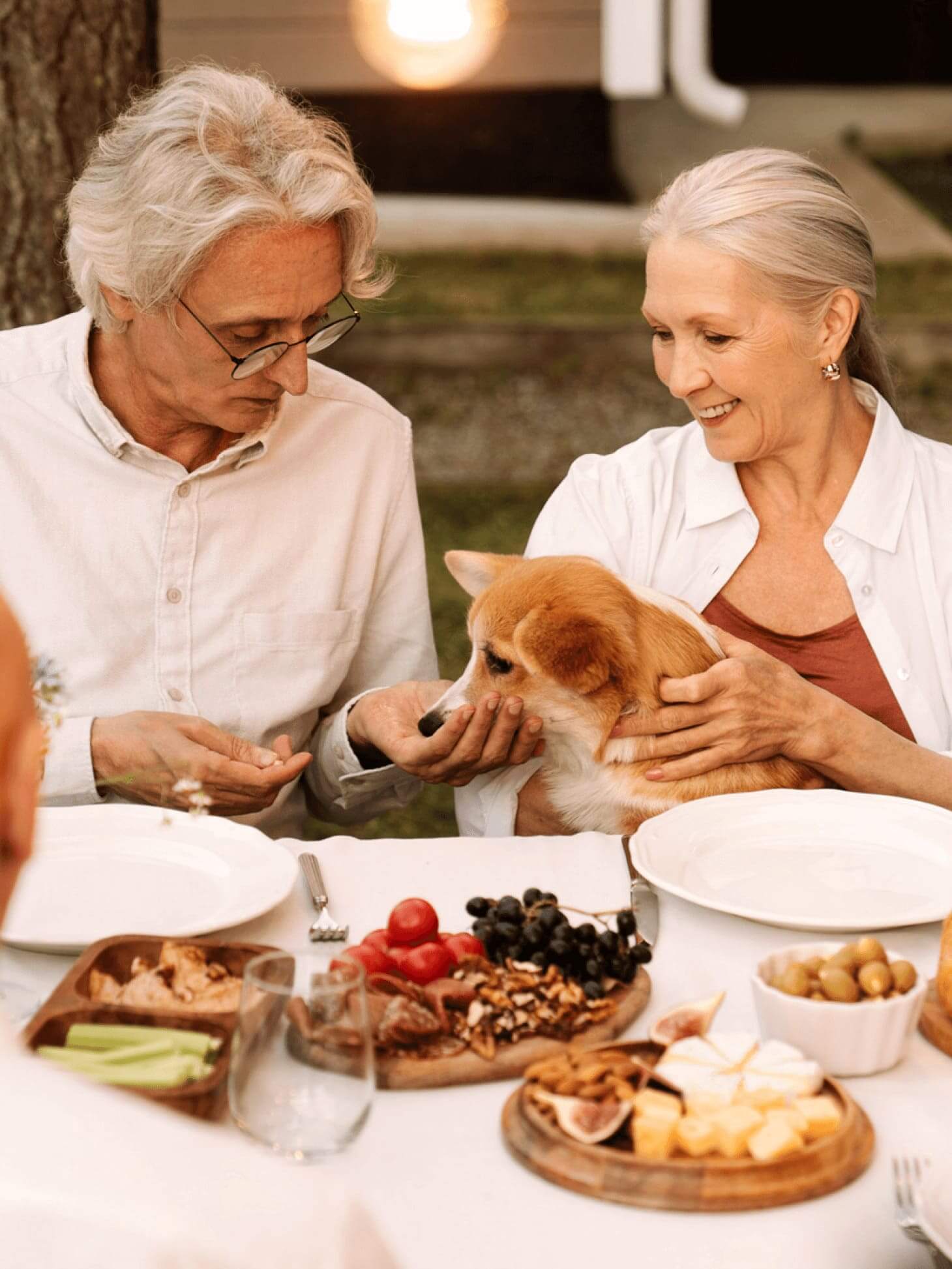 Two elderly people sitting at a table full of food, feeding a dog