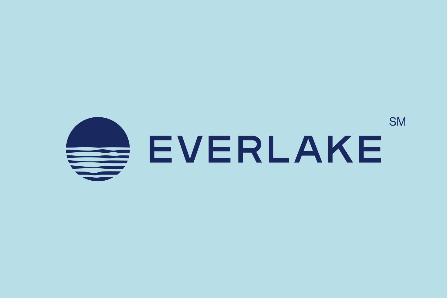 An image of the Everlake logo and wordmark with a turqoise background color and the logo and wordmark in dark blue. The logo is round with ripples resembling water.