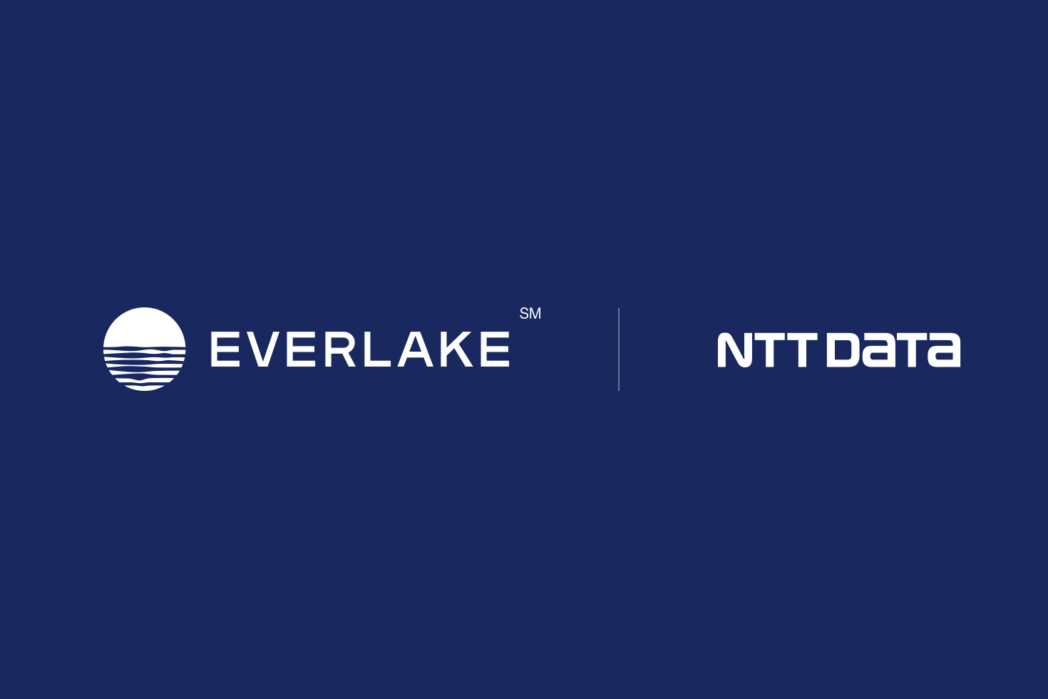 An image of the Everlake logo and wordmark and the wordmark of NTT Data. The logo and wordmarks are both in white and the background color is dark blue. The Everlake logo is round with ripples resembling water.
