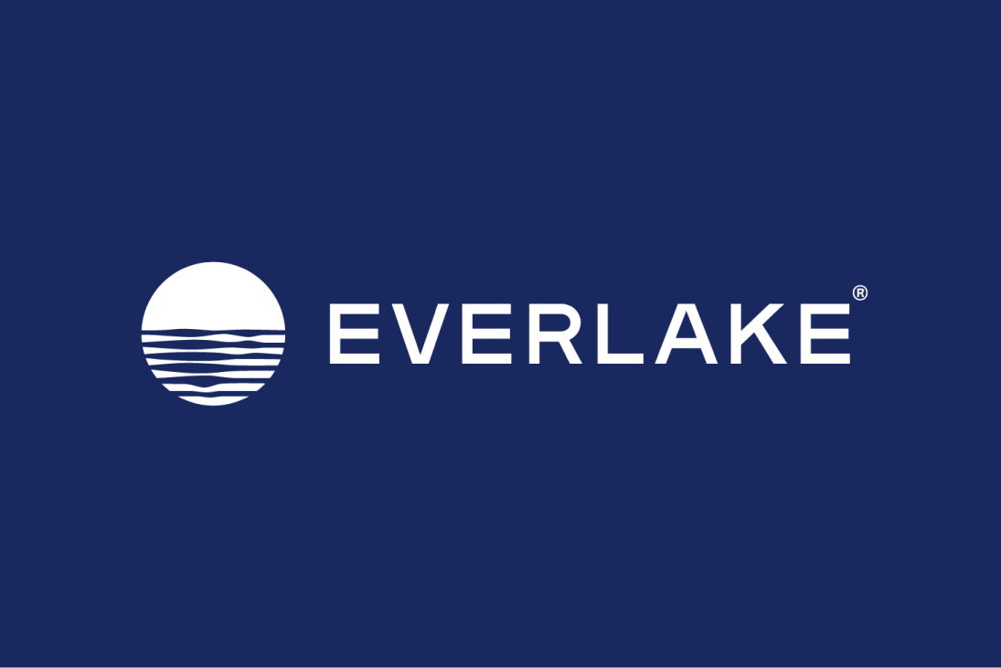 An image of the Everlake logo and wordmark with a blue background color and the logo and wordmark in white. The logo is round with ripples resembling water.